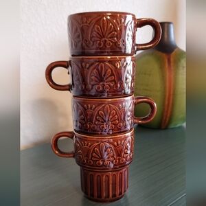 4 Vintage Ceramic Japanese Redware Mid-Century Modern Boho Stacking Mugs